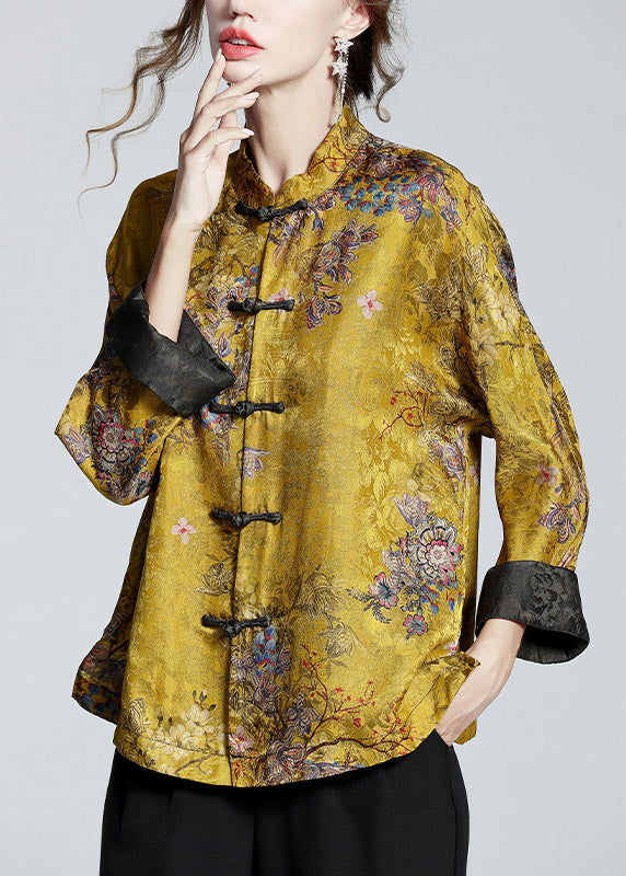 Chinese Style Print3 Stand Collar Button Print Silk Coats Long Sleeve