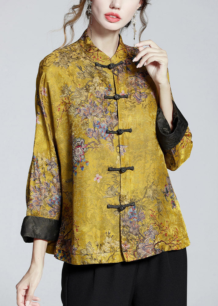 Golden Brown Stand Collar Button Print Silk Coats Long Sleeve