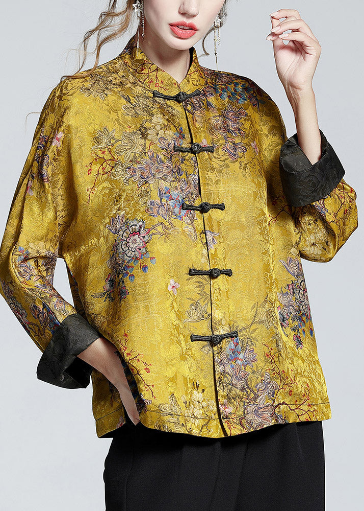 Golden Brown Stand Collar Button Print Silk Coats Long Sleeve