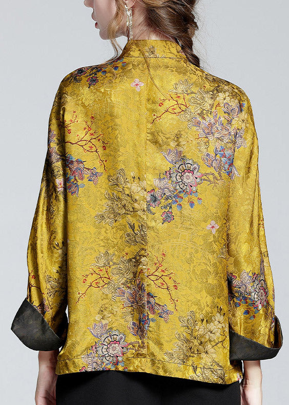 Golden Brown Stand Collar Button Print Silk Coats Long Sleeve