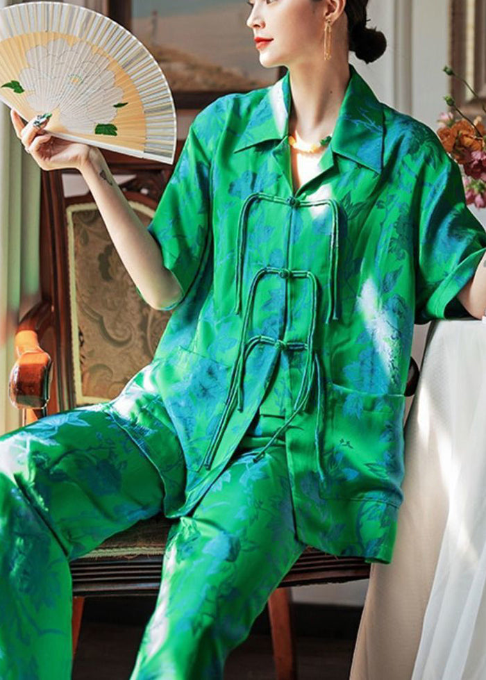 Chinese Style Green Chinese Button Side Open Ice Silk Pajamas Two Piece Set Women Clothing Spring