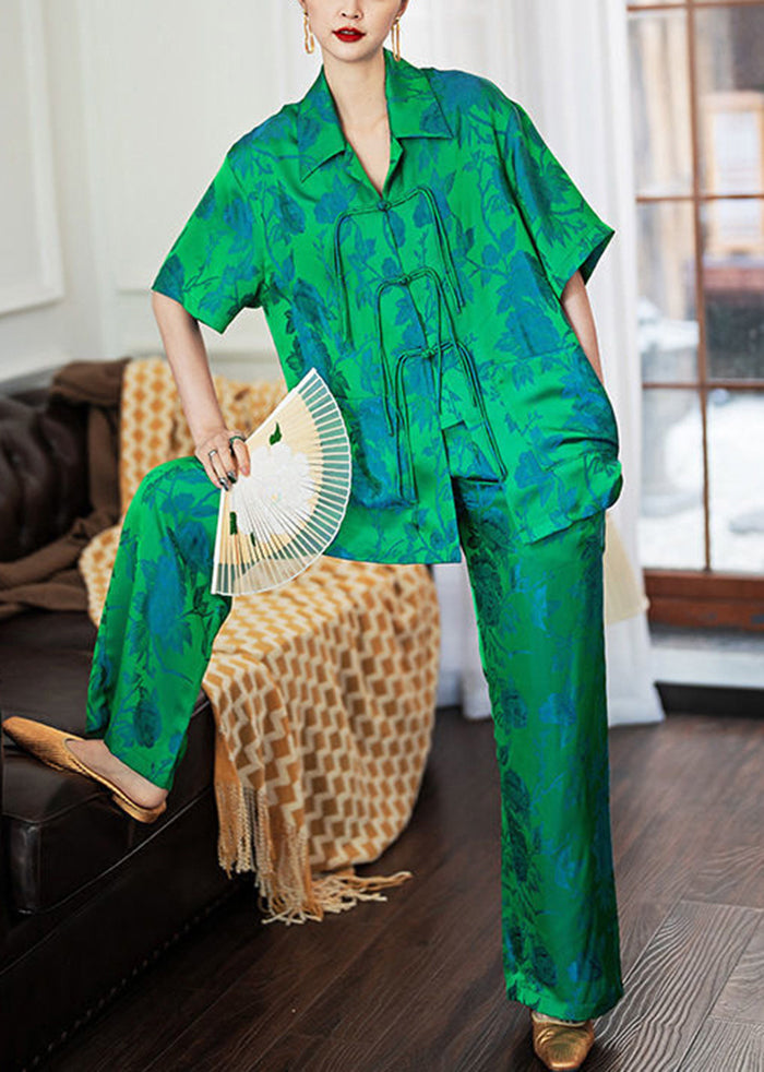 Chinese Style Green Chinese Button Side Open Ice Silk Pajamas Two Piece Set Women Clothing Spring