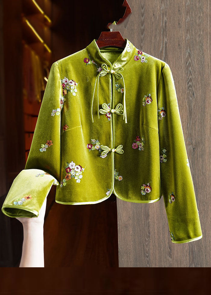 Chinese Style Green Embroideried Button Silk Velour Coats Long Sleeve