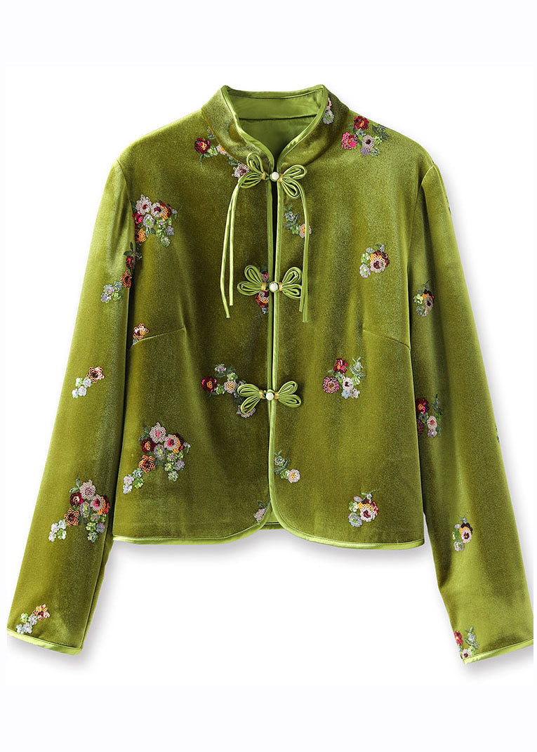 Chinese Style Green Embroideried Button Silk Velour Coats Long Sleeve