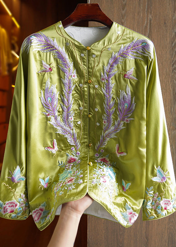 Chinese Style Green Embroideried Patchwork Silk Coat Fall