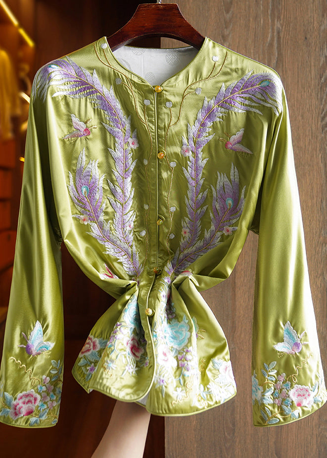 Chinese Style Green Embroideried Patchwork Silk Coat Fall