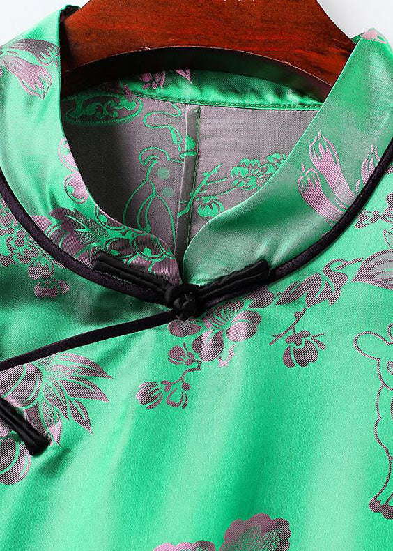 Chinese Style Green Low High Design Jacquard Silk Shirt Tops Fall