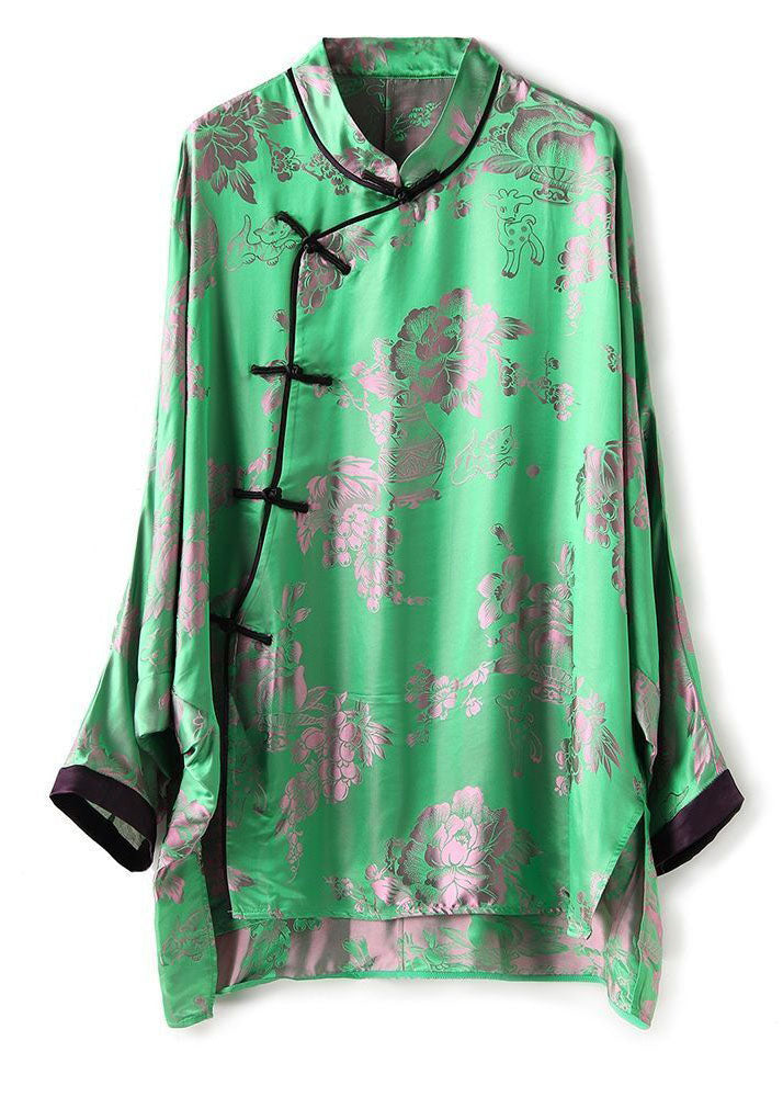 Chinese Style Green Low High Design Jacquard Silk Shirt Tops Fall