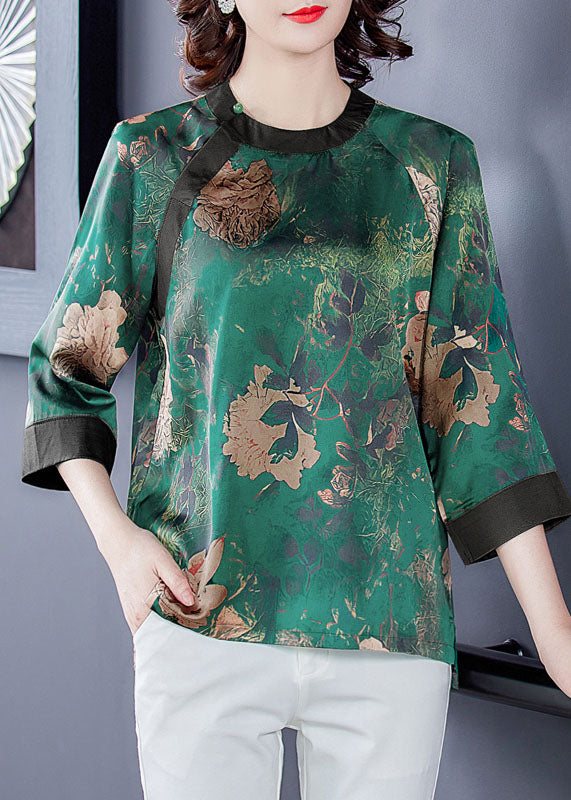Chinese Style Green O-Neck Patchwork Print Silk Shirt Top Bracelet Sleeve