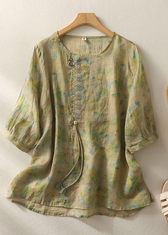 Chinese Style Green Print Tasseled Patchwork Cotton Top Half Sleeve
