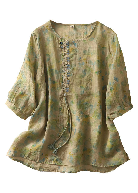 Chinese Style Green Print Tasseled Patchwork Cotton Top Half Sleeve