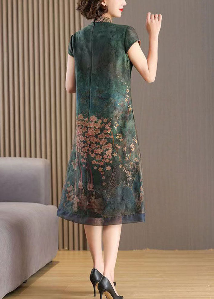 Chinese Style Green Stand Collar Embroideried Patchwork Silk Dresses Summer