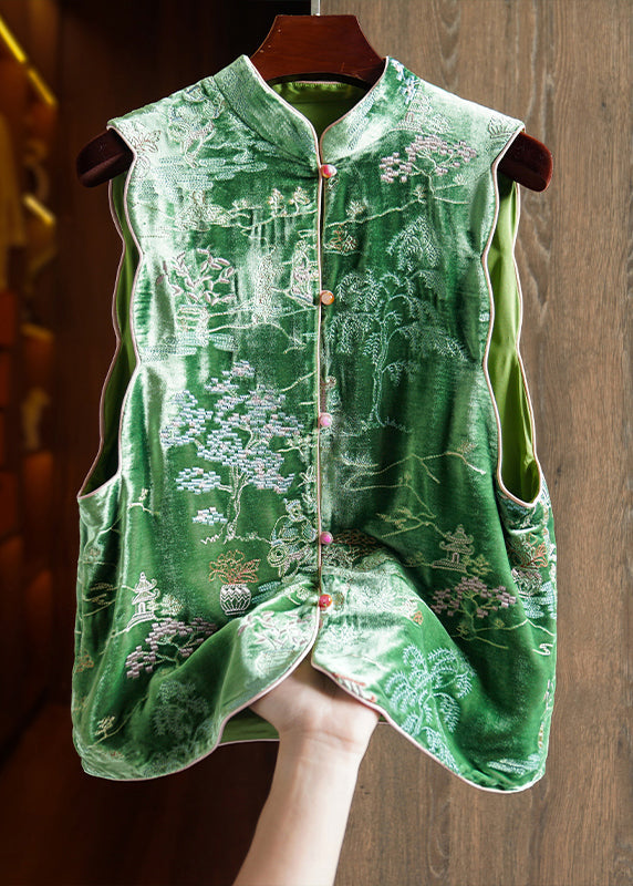 Chinese Style Green Stand Collar Embroideried Silk Velour Vest Tops Sleeveless