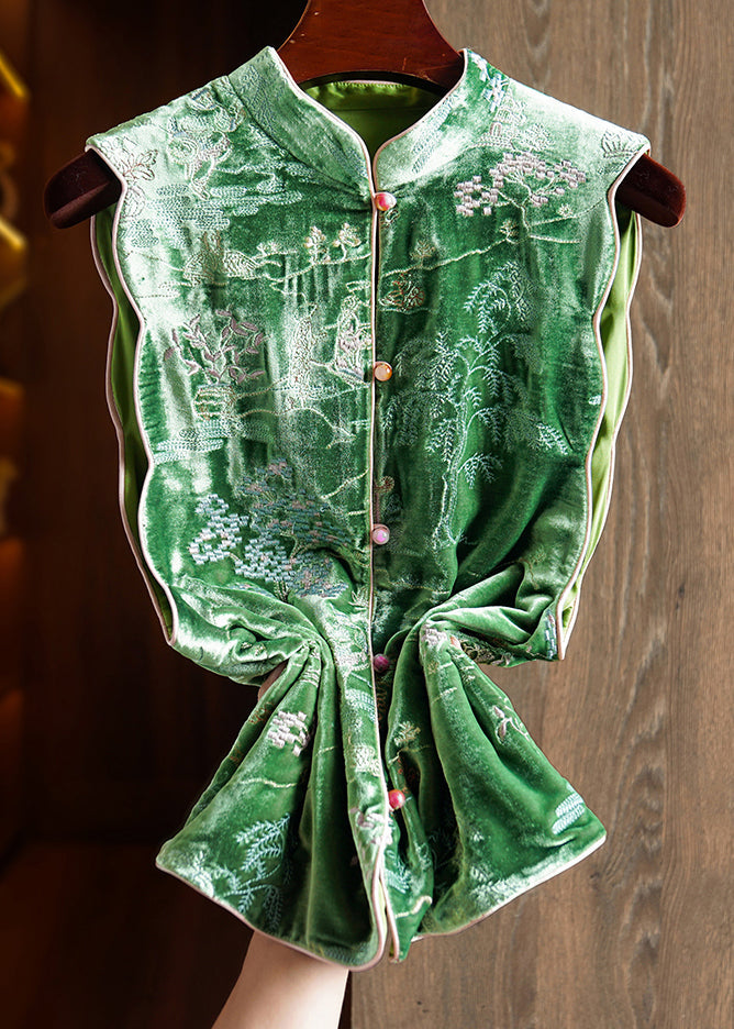 Chinese Style Green Stand Collar Embroideried Silk Velour Vest Tops Sleeveless