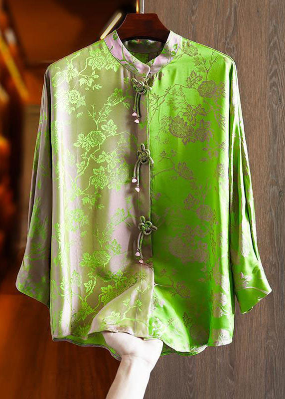 Chinese Style Green Stand Collar Jacquard Silk Shirt Fall