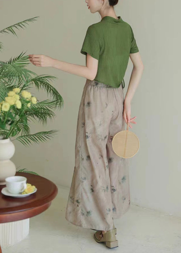 Chinese Style Green Stand Collar Tops And Pants Cotton Two Pieces Set Summer