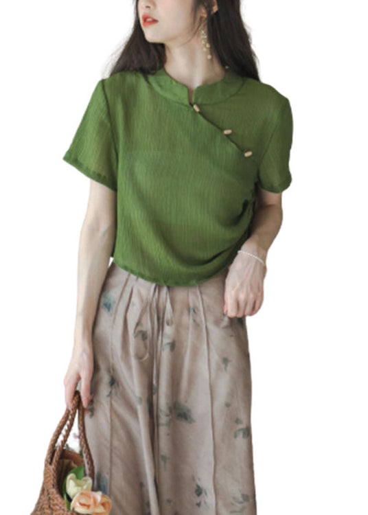 Chinese Style Green Stand Collar Tops And Pants Cotton Two Pieces Set Summer