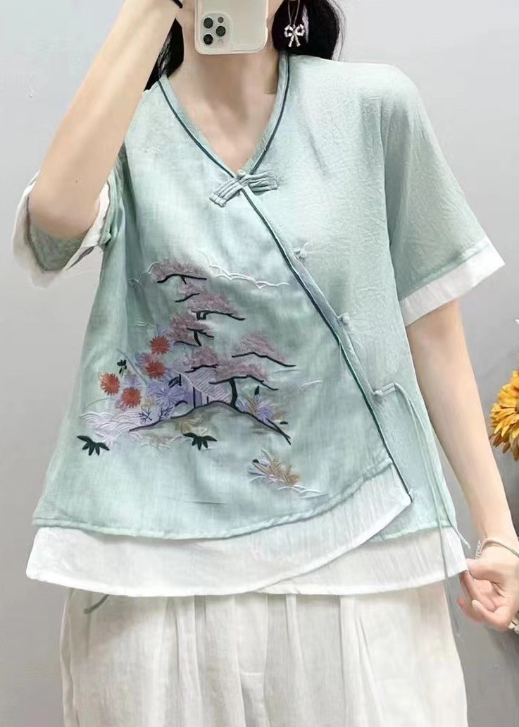 Chinese Style Green V Neck Embroideried Patchwork Linen Tops Summer