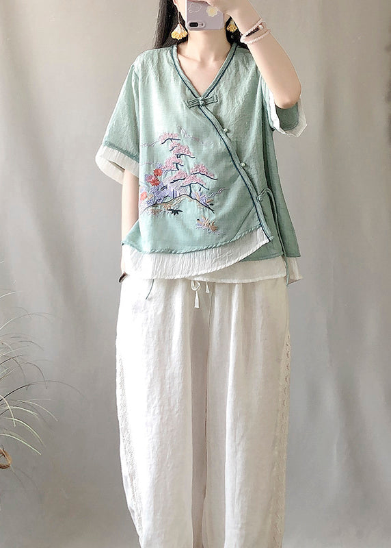Chinese Style Green V Neck Embroideried Patchwork Linen Tops Summer