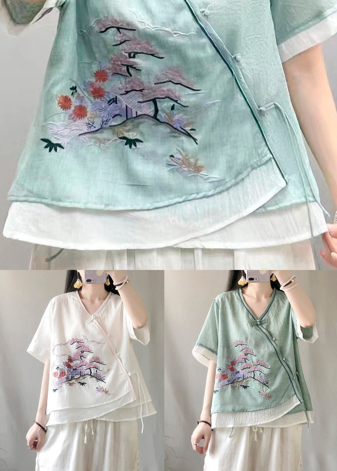 Chinese Style Green V Neck Embroideried Patchwork Linen Tops Summer