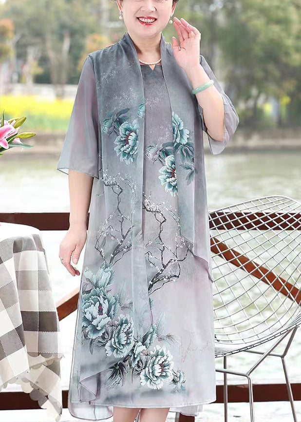 Chinese Style Grey Asymmetrical Print Patchwork Chiffon Dresses Summer