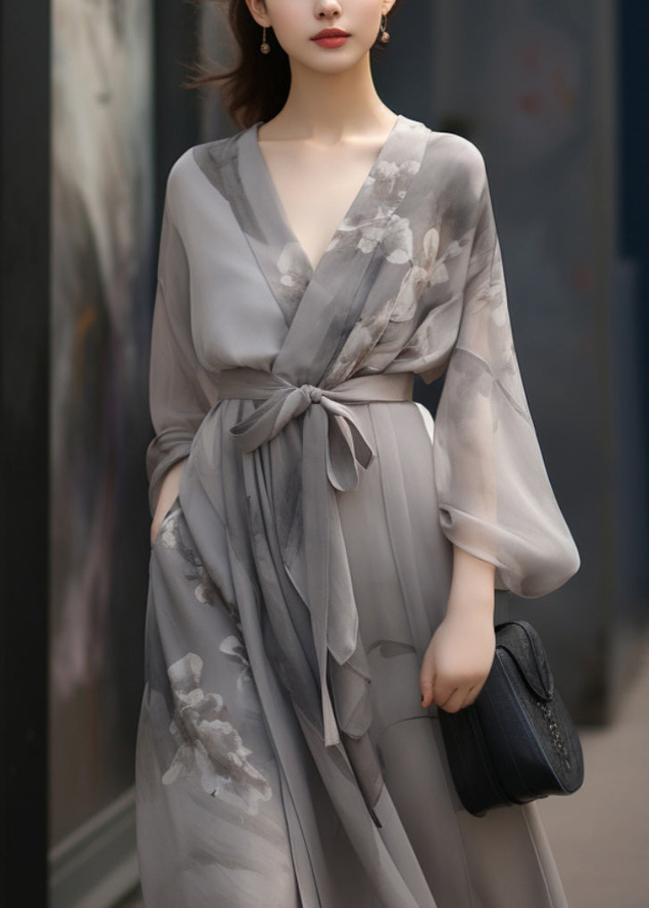 Chinese Style Grey V Neck Print Tie Waist Patchwork Chiffon Dress Fall