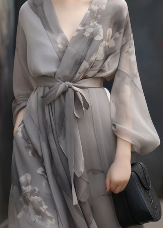 Chinese Style Grey V Neck Print Tie Waist Patchwork Chiffon Dress Fall