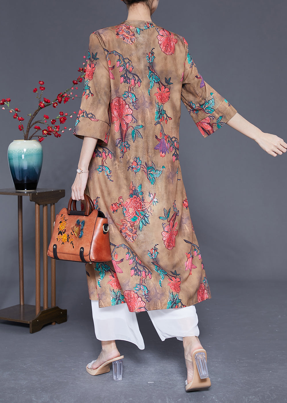 Chinese Style Khaki Print Side Open Silk Dresses Bracelet Sleeve
