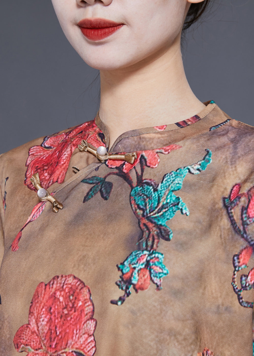 Chinese Style Khaki Print Side Open Silk Dresses Bracelet Sleeve