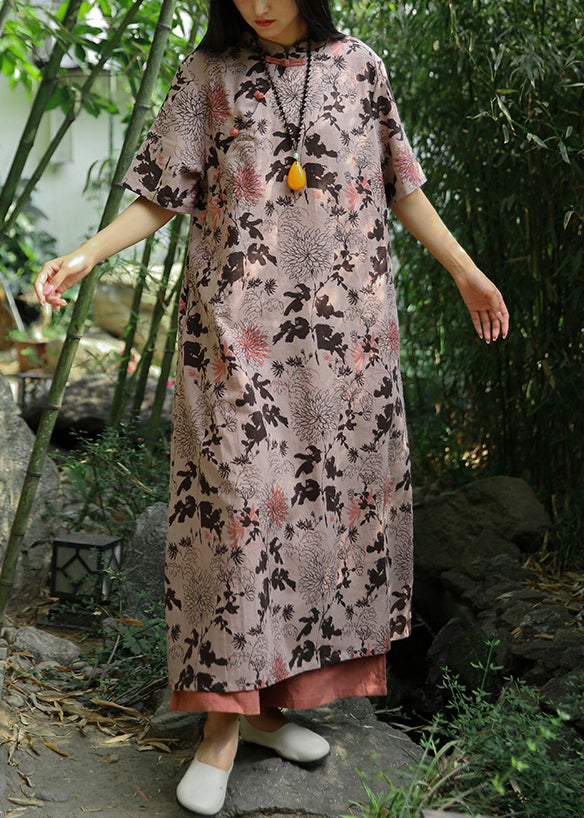 Chinese Style Khaki Stand Collar Print Button Cotton Long Dress Short Sleeve