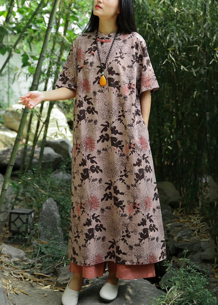 Chinese Style Khaki Stand Collar Print Button Cotton Long Dress Short Sleeve