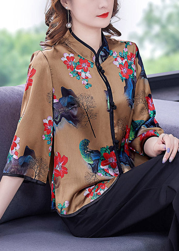 Chinese Style Khaki Stand Collar Print Button Silk Shirts Long Sleeve