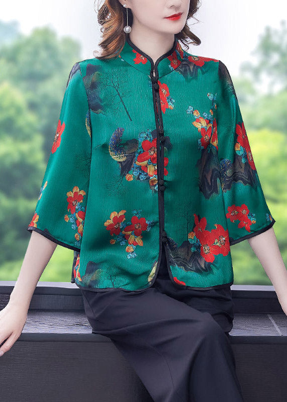 Chinese Style Khaki Stand Collar Print Button Silk Shirts Long Sleeve