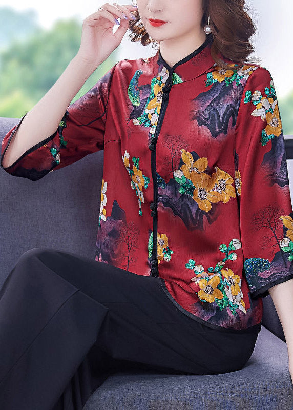 Chinese Style Khaki Stand Collar Print Button Silk Shirts Long Sleeve