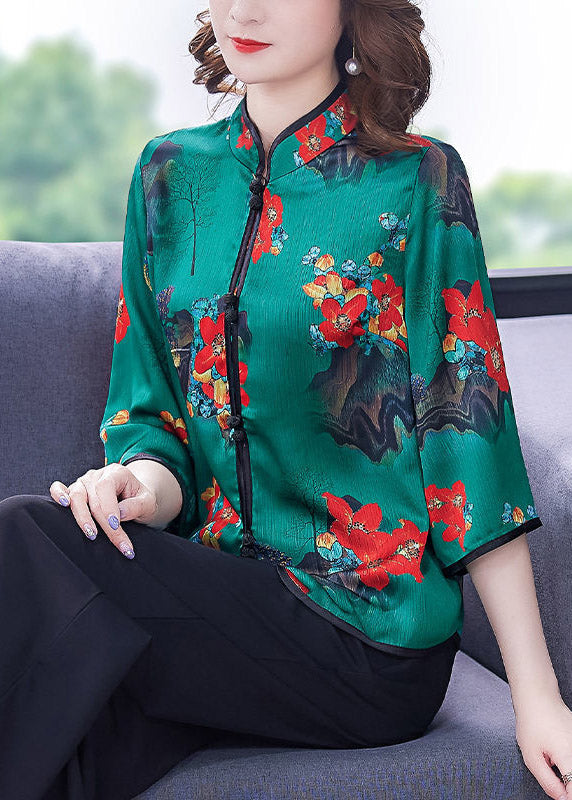 Chinese Style Khaki Stand Collar Print Button Silk Shirts Long Sleeve