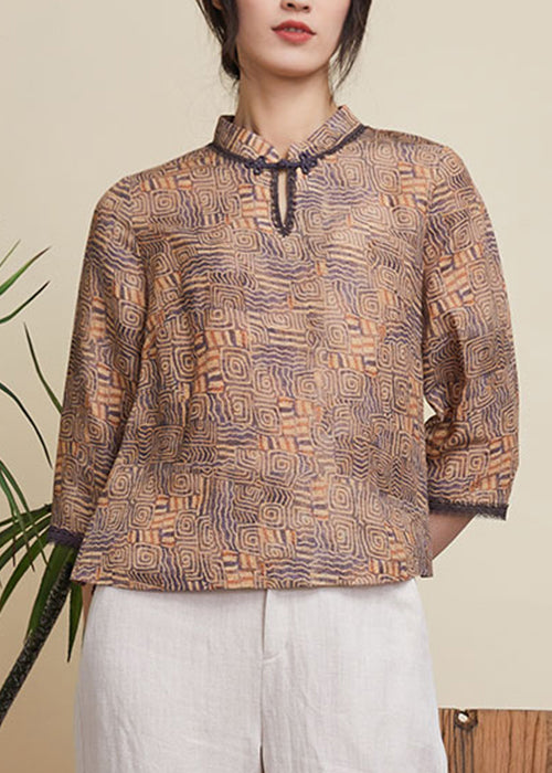 Chinese Style Khaki Stand Collar Print Linen Tops Half Sleeve