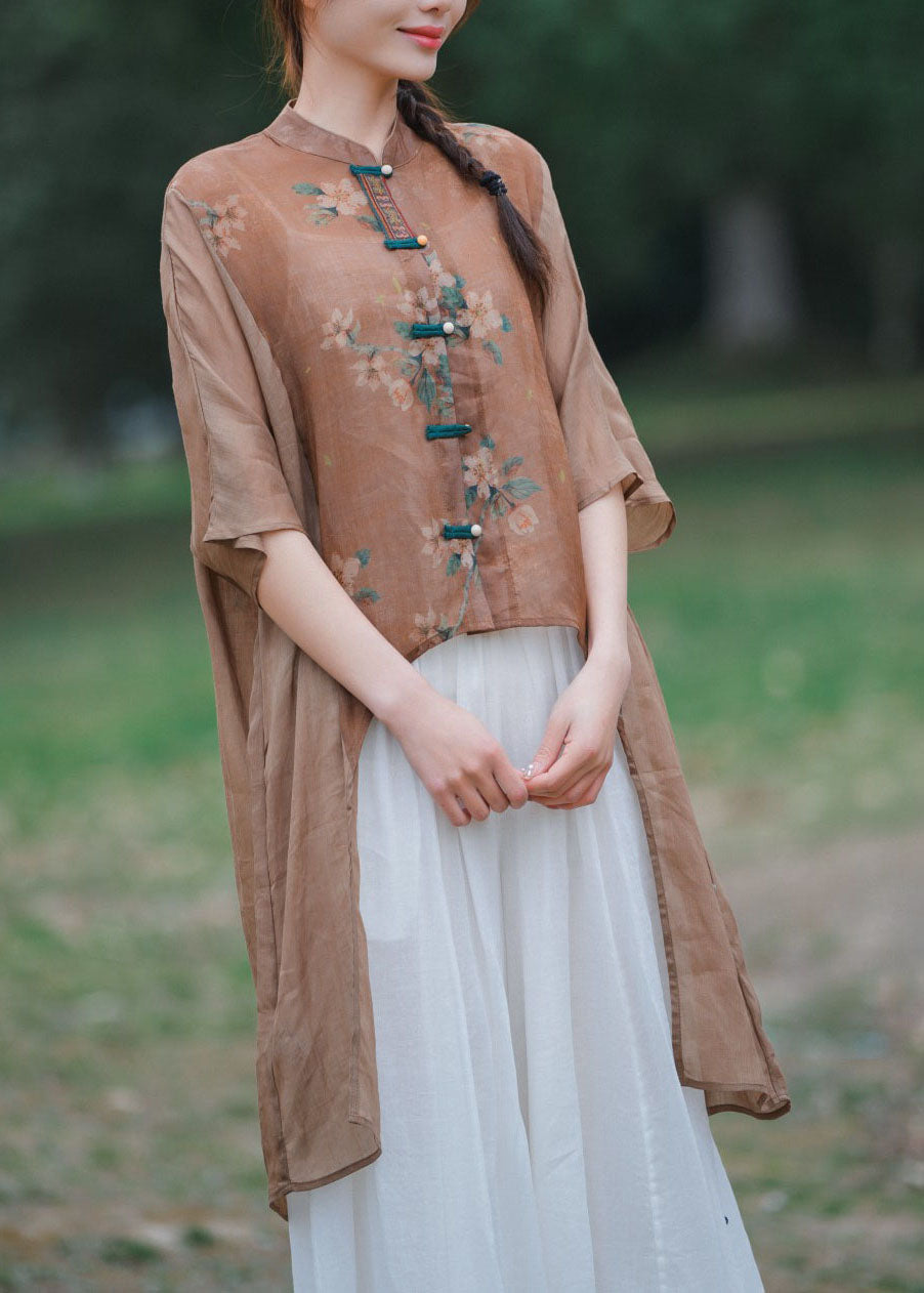 Chinese Style Light Brown Asymmetrical Patchwork Linen Shirt Bracelet Sleeve
