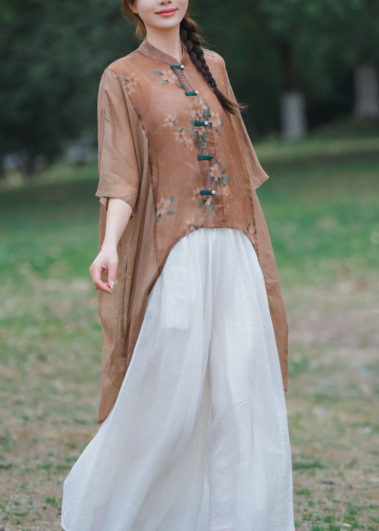 Chinese Style Light Brown Asymmetrical Patchwork Linen Shirt Bracelet Sleeve