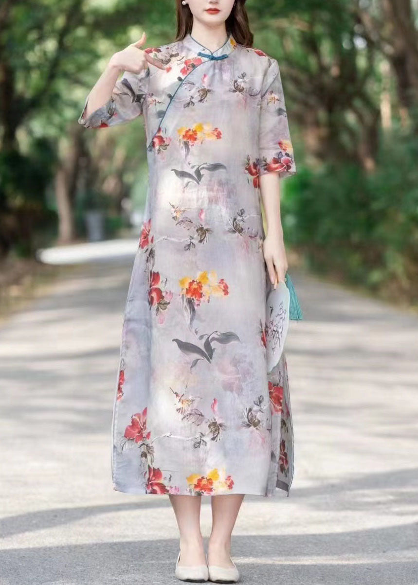 Chinese Style Light Grey Print Button Patchwork Linen Dress Summer