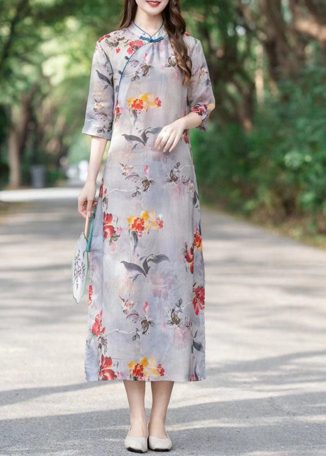 Chinese Style Light Grey Print Button Patchwork Linen Dress Summer