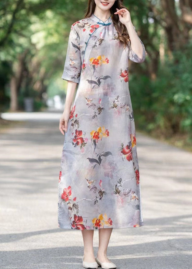 Chinese Style Light Grey Print Button Patchwork Linen Dress Summer