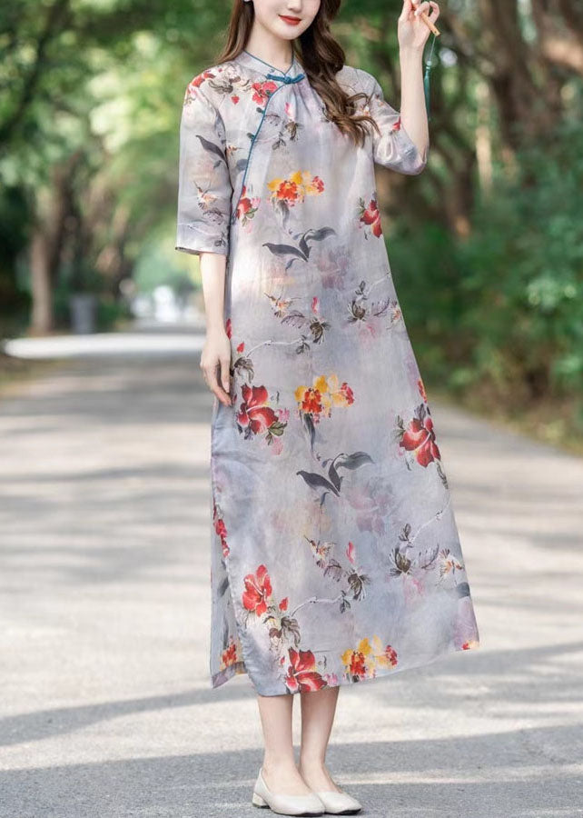 Chinese Style Light Grey Print Button Patchwork Linen Dress Summer