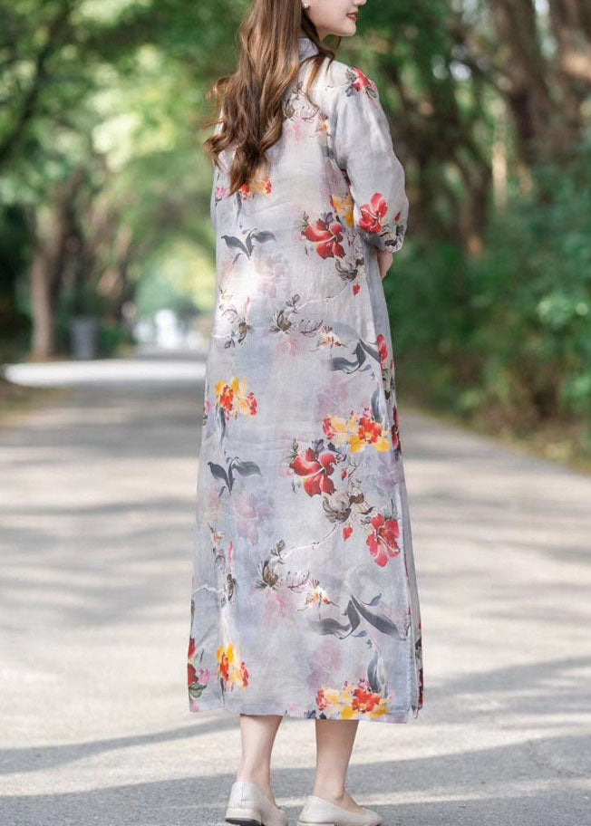 Chinese Style Light Grey Print Button Patchwork Linen Dress Summer