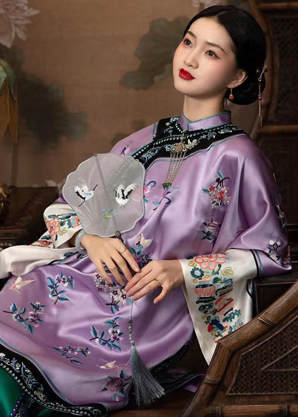 Chinese Style Light Purple Stand Collar Embroidery Silk Tops Bracelet Sleeve