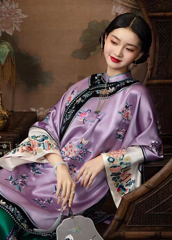 Chinese Style Light Purple Stand Collar Embroidery Silk Tops Bracelet Sleeve