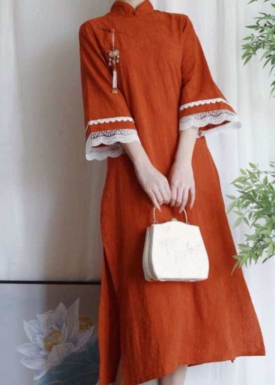 Chinese Style Orange Jacquard Patchwork Lace Side Open Cotton Dress Summer