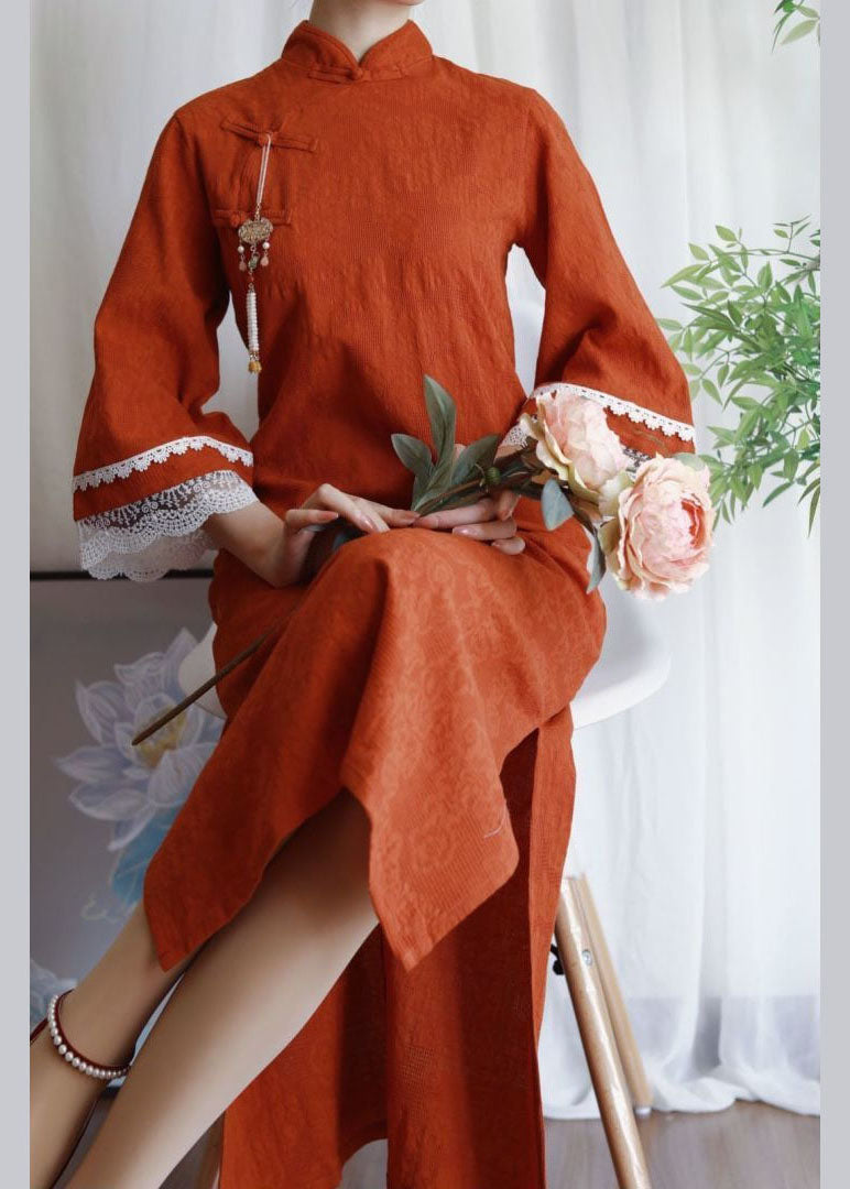 Chinese Style Orange Jacquard Patchwork Lace Side Open Cotton Dress Summer
