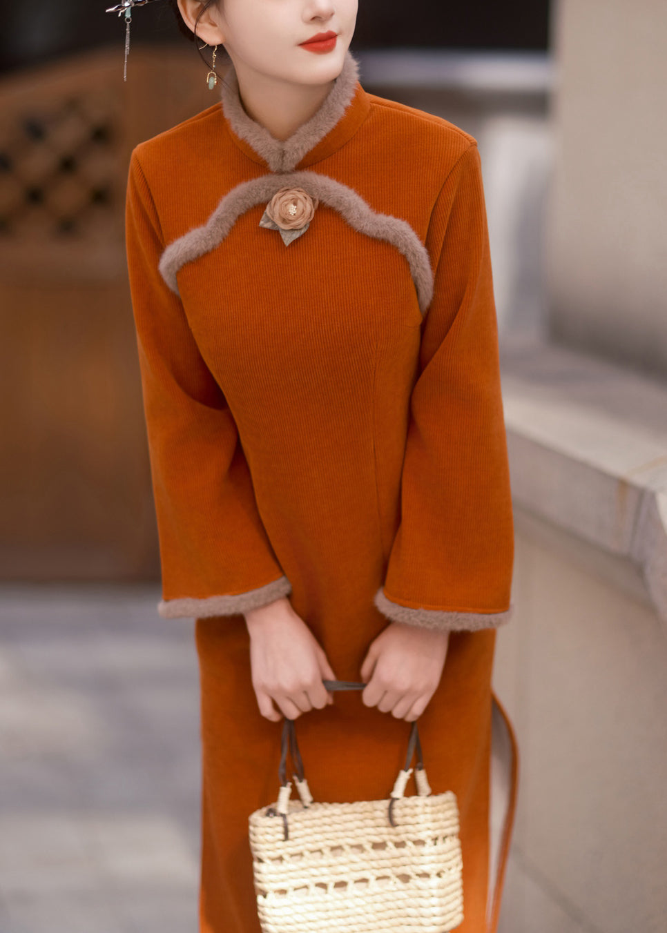 Chinese Style Orange Stand Collar Patchwork Warm Fleece Dresses Long Sleeve