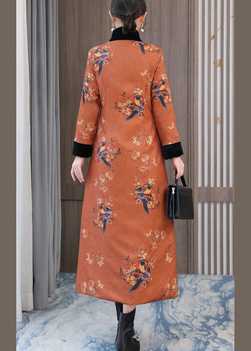 Chinese Style Orange Stand Collar Print Fine Cotton Filled Coats Winter