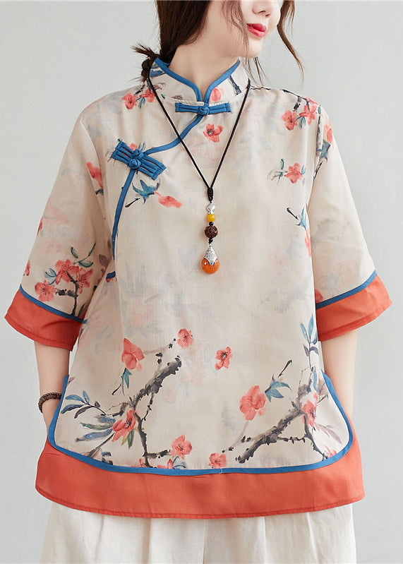 Chinese Style Orange Stand Collar Print Linen Blouse Top Half Sleeve